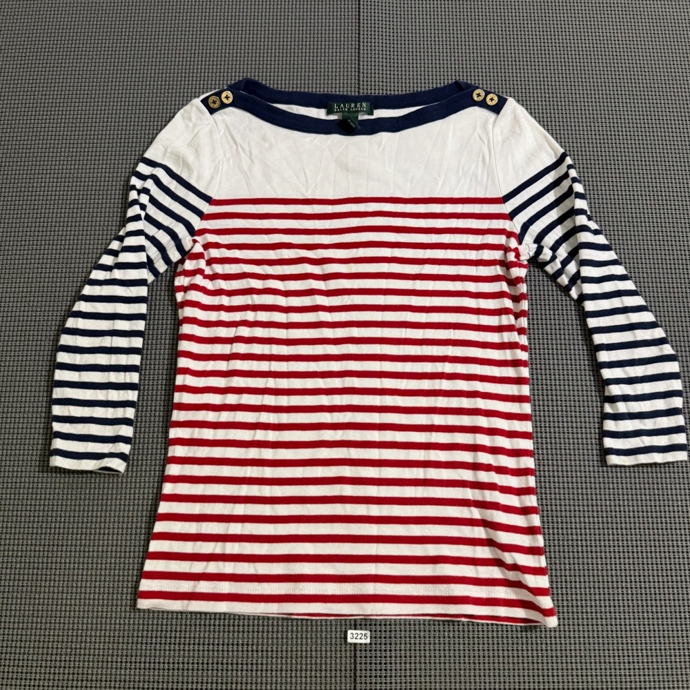 Lauren Ralph Lauren Women M Red White Blue Striped Boat Neck Button Top